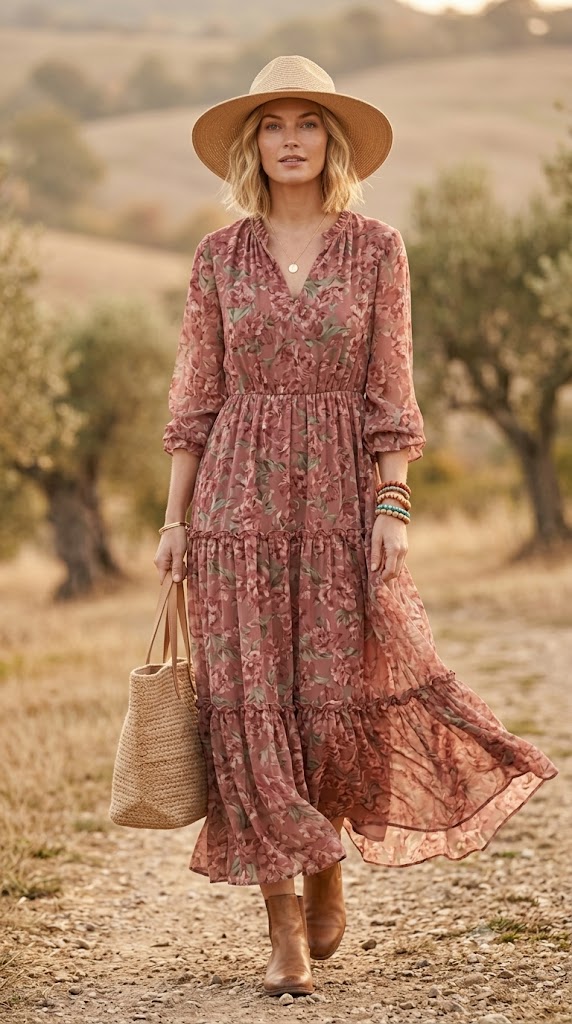 Chiffon Floral Maxi Dress with Wide-Brim Hat